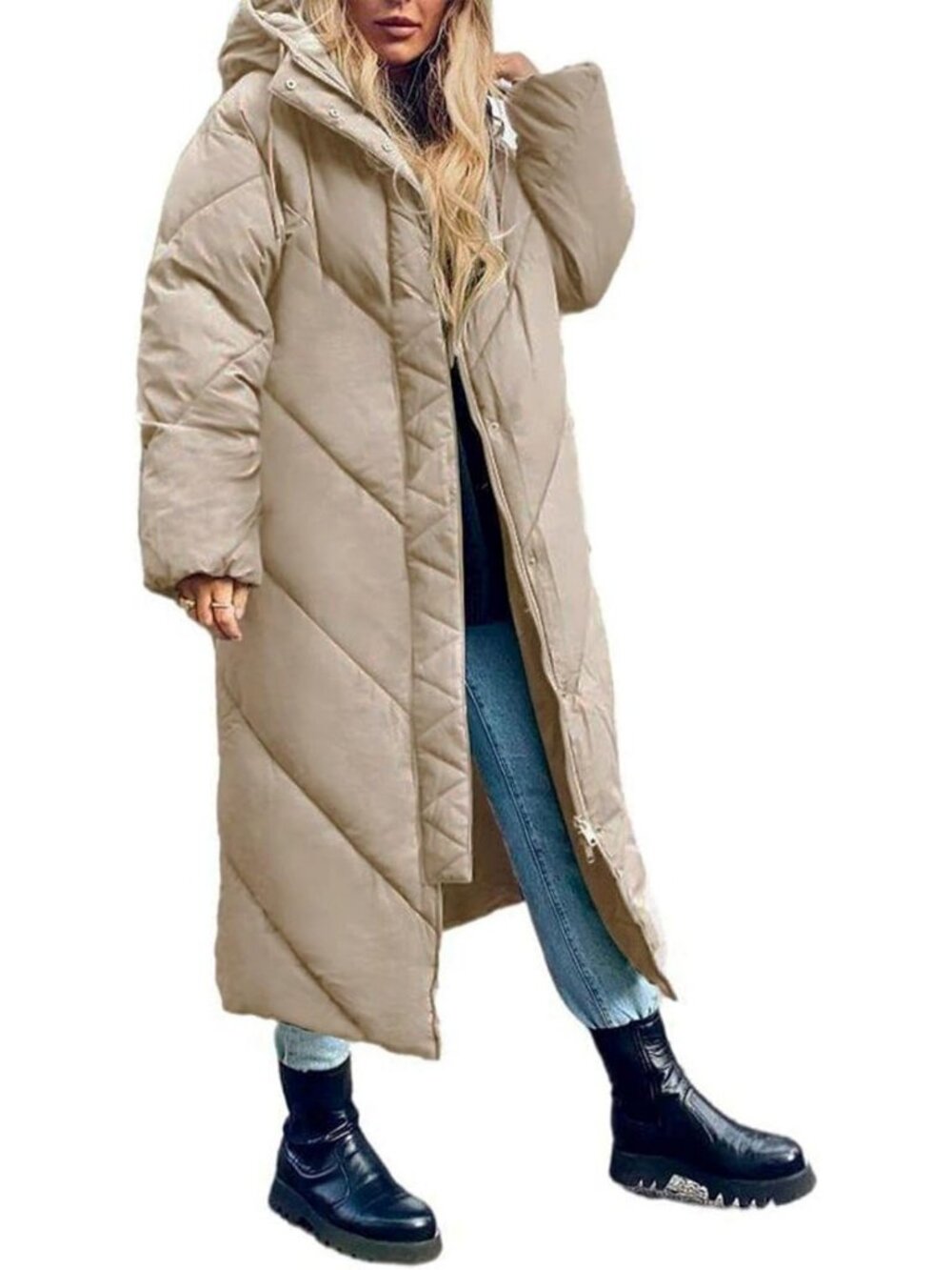 Cozy Women's Long Hooded Puffer Coat - Zip-Up Winter Parka Jacket